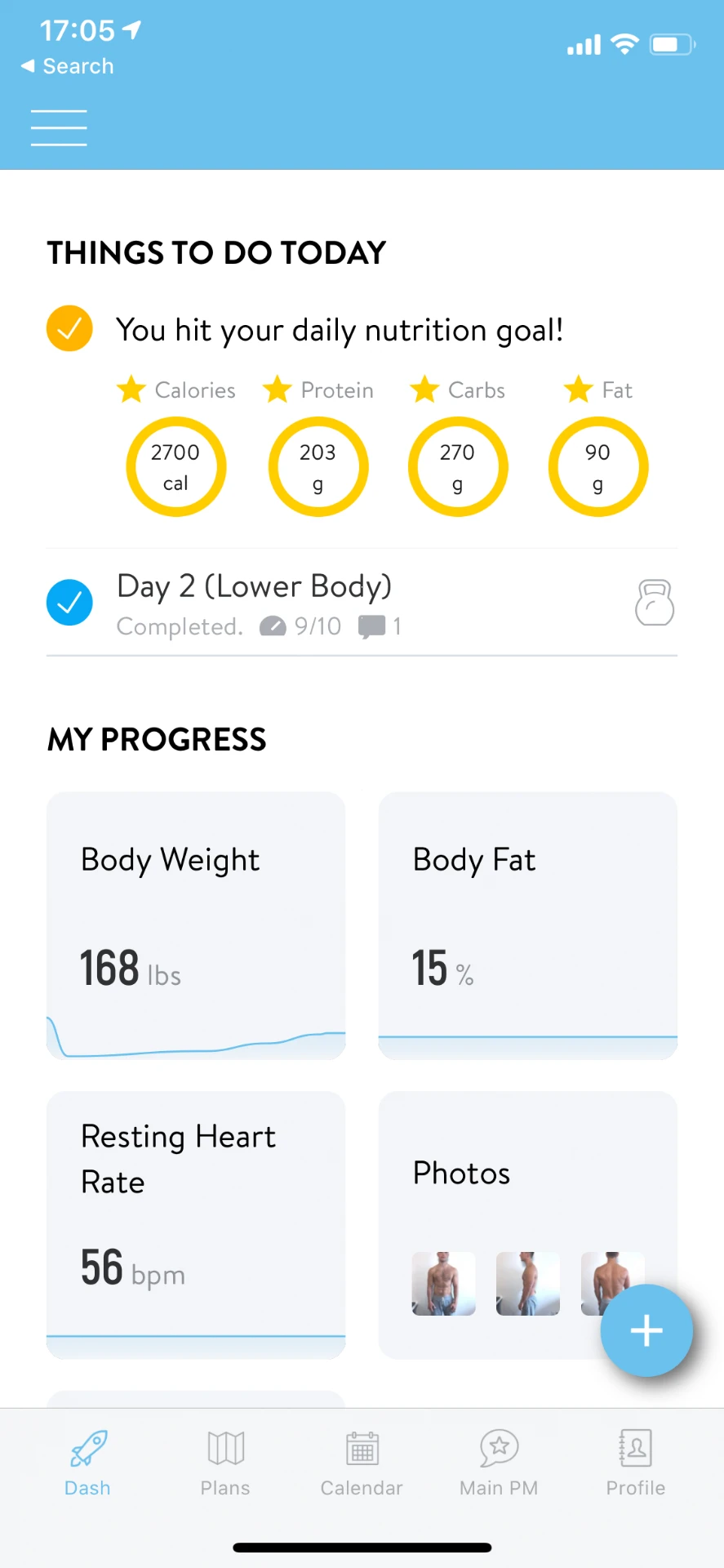 EF Coaching app dashboard showing today's tasks, nutrition targets and progress charts