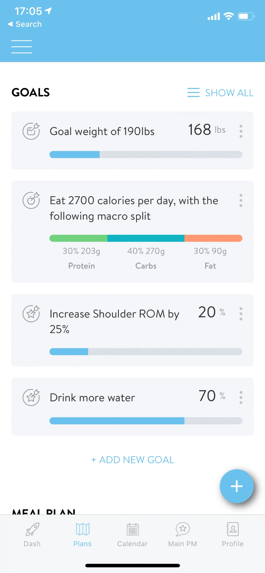 EF Coaching app goals screen tracking weight, nutrition, mobility and hydration targets