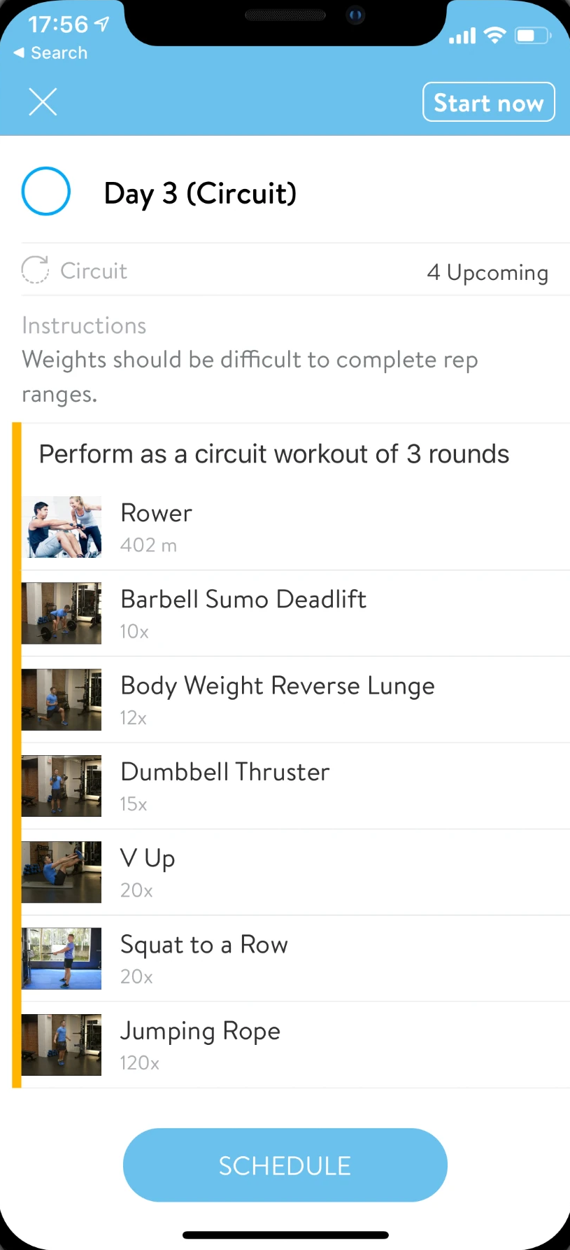 EF Coaching app workout screen listing today's circuit with exercises, reps and a schedule button